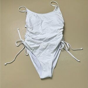 Womens White One Piece Swimsuit Medium Ruched Side Tie Tummy Control NWOT